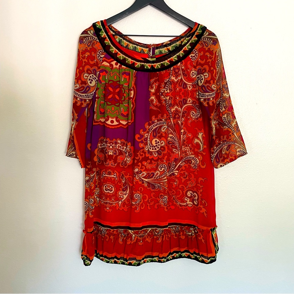 Red Paisley Retro 60’s Long Sleeve Shift Dress Size Medium Mod Boho Party